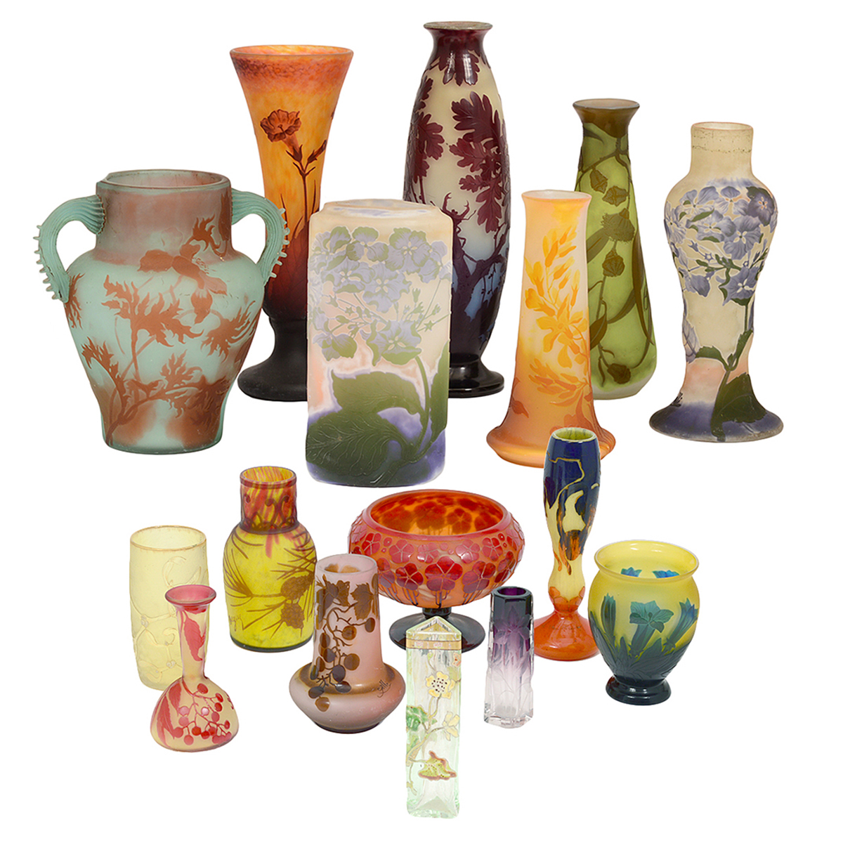Examples from collection of French cameo and other Art Deco glass to be offered in April 27-28 auction in West Palm Beach, Florida. Auction Gallery of the Palm Beaches image